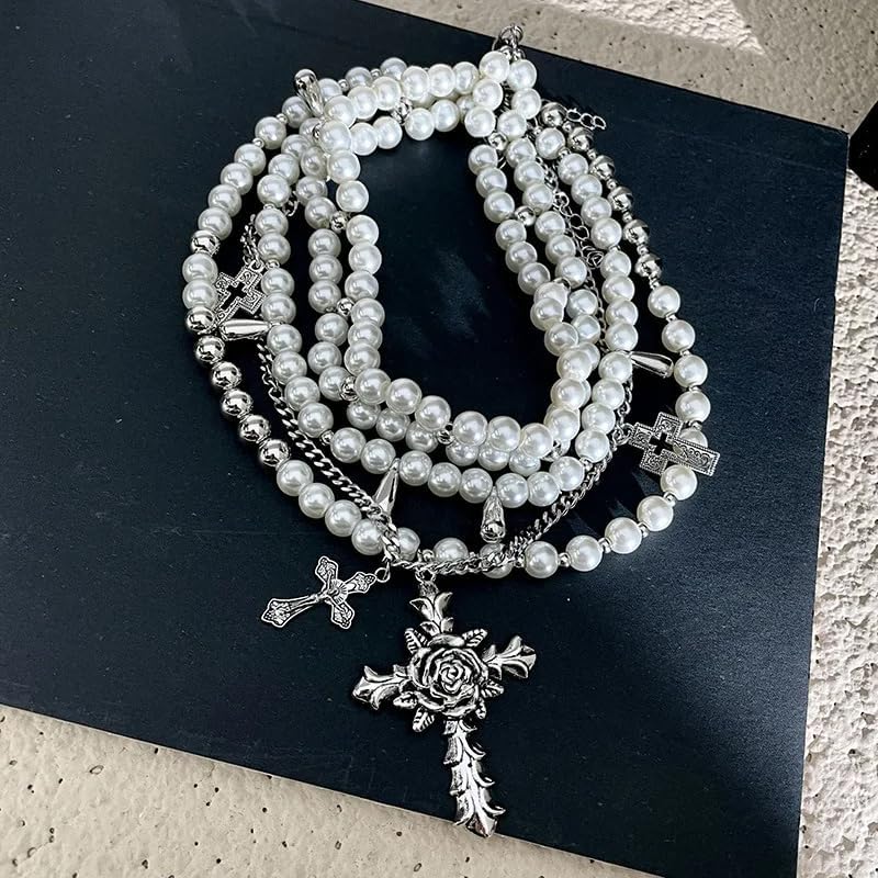 KURTCB Layered Pearl Necklace Gothic Cross Pearl Stacked Necklace for Women - Image 1